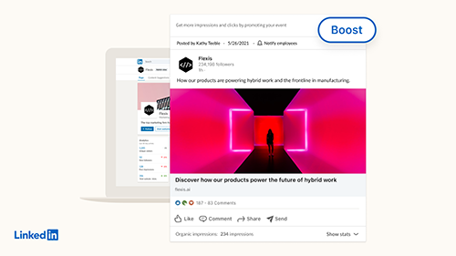 An announcement about boosted posts and event ads from LinkedIn.